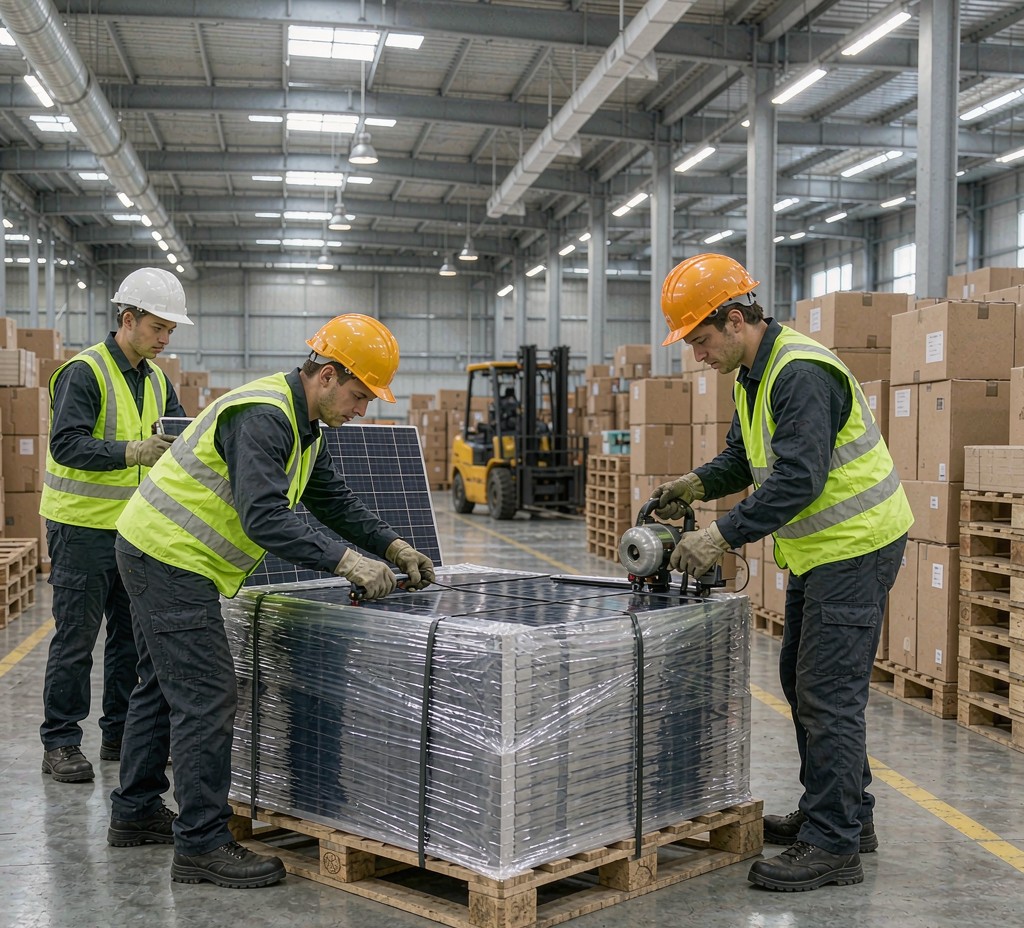 Warehouse team packing solar panels for export shipment