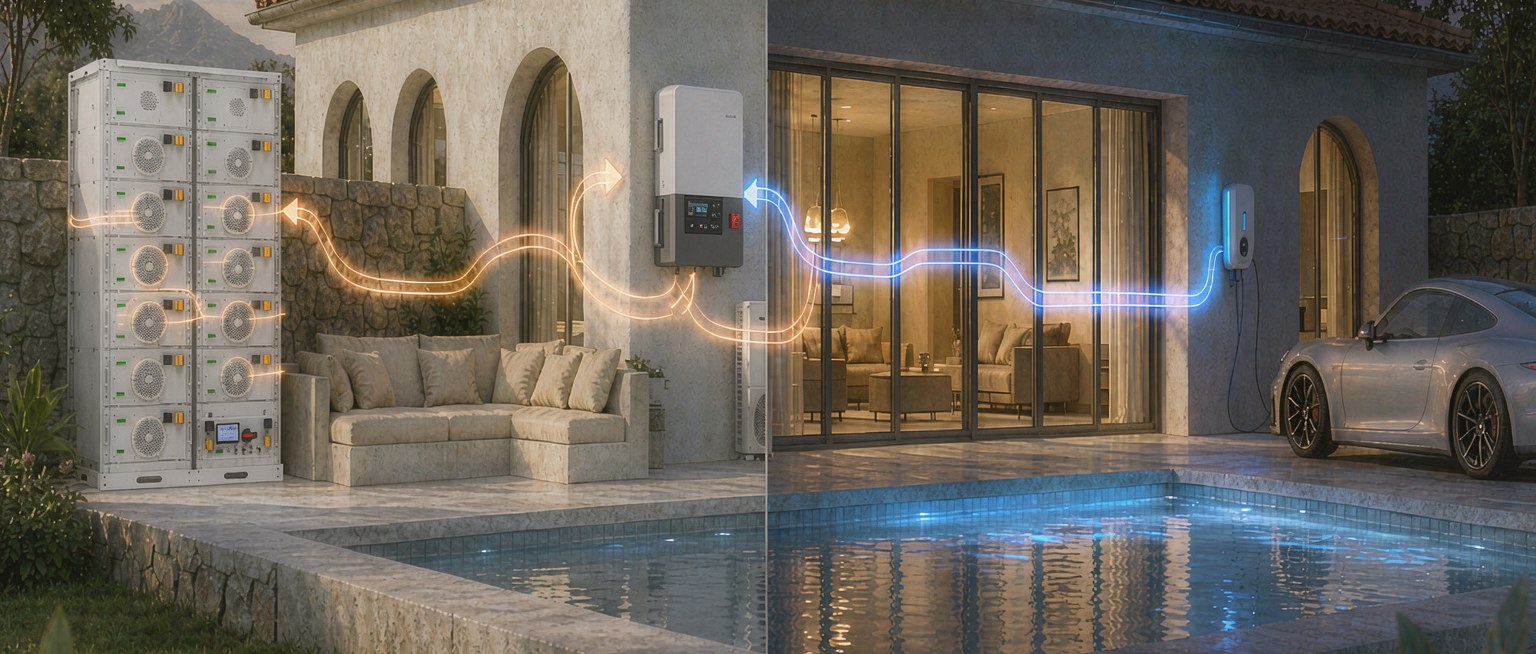 Day to night energy flow - EverRay battery storage charges by day and powers the home and EV at night