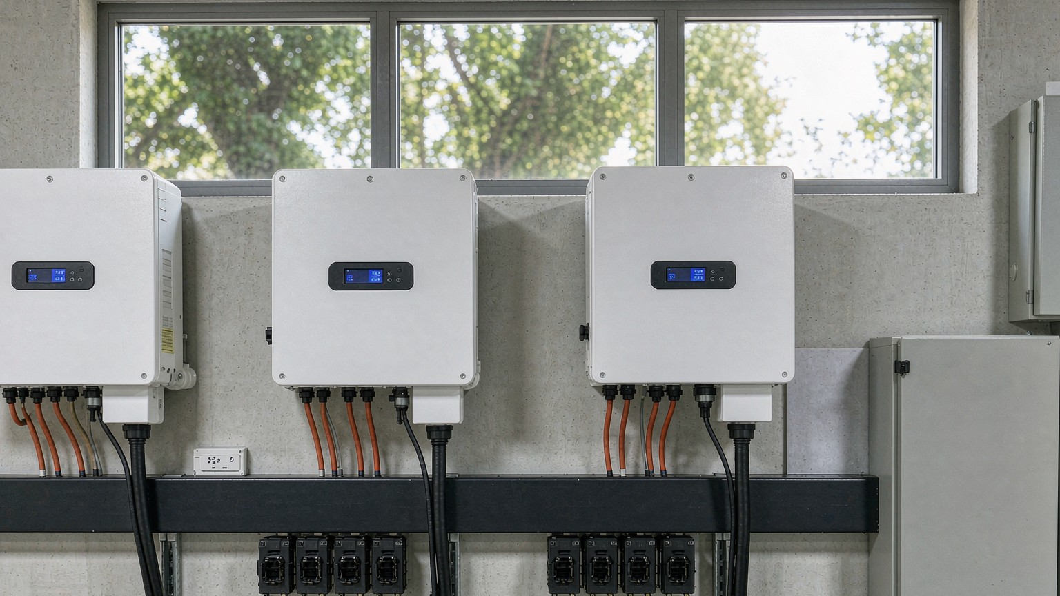 EverRay hybrid inverters - wall-mounted single-phase and three-phase models installed in a commercial setting