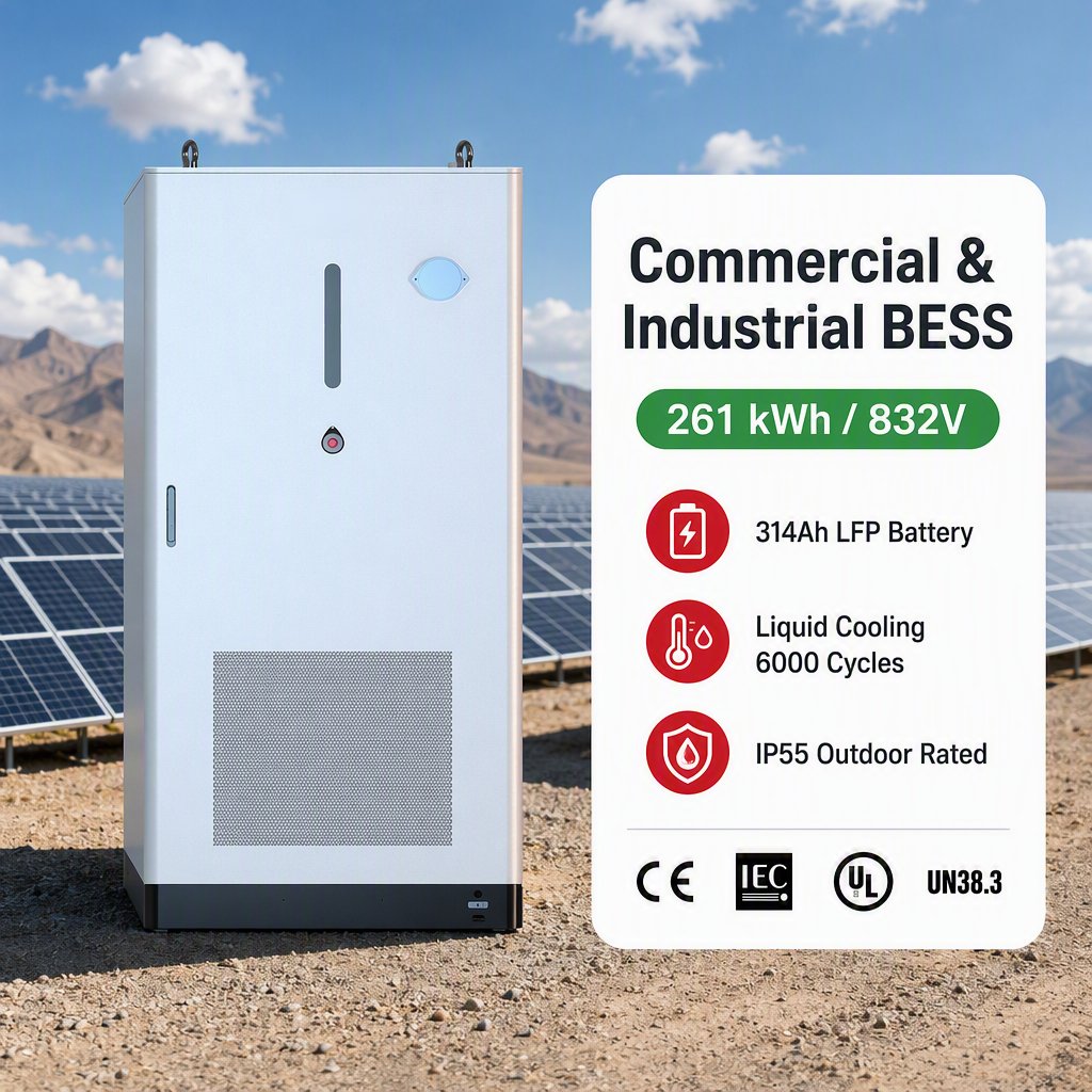 261 kWh commercial and industrial energy storage system cabinet with liquid cooling and IP55 outdoor rating