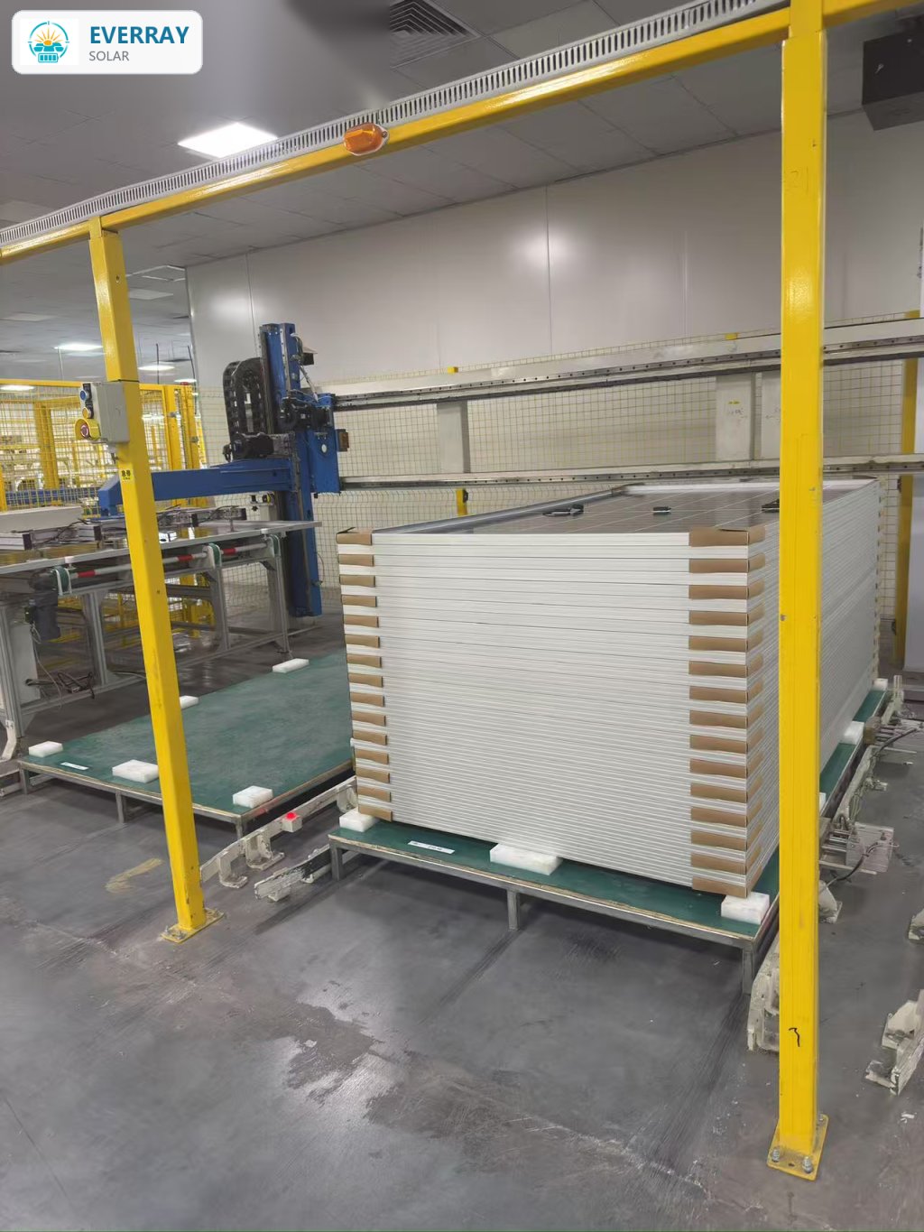 Finished solar modules sorted by power bin after flash testing at the factory