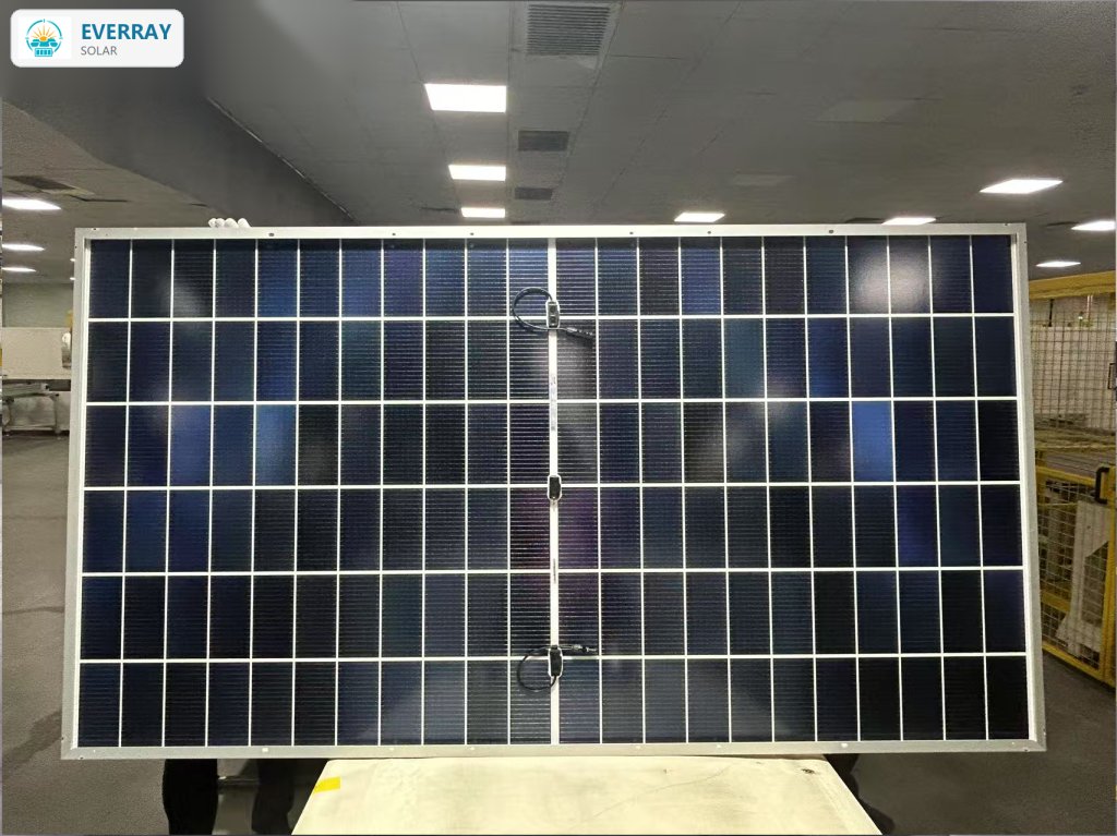 Solar module back view showing junction box and aluminium frame details