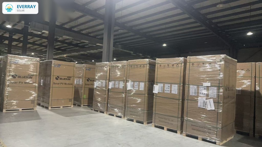 Finished solar modules staged in the partner factory warehouse